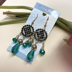 Emerald Green Dangly Gold Toned Earrings